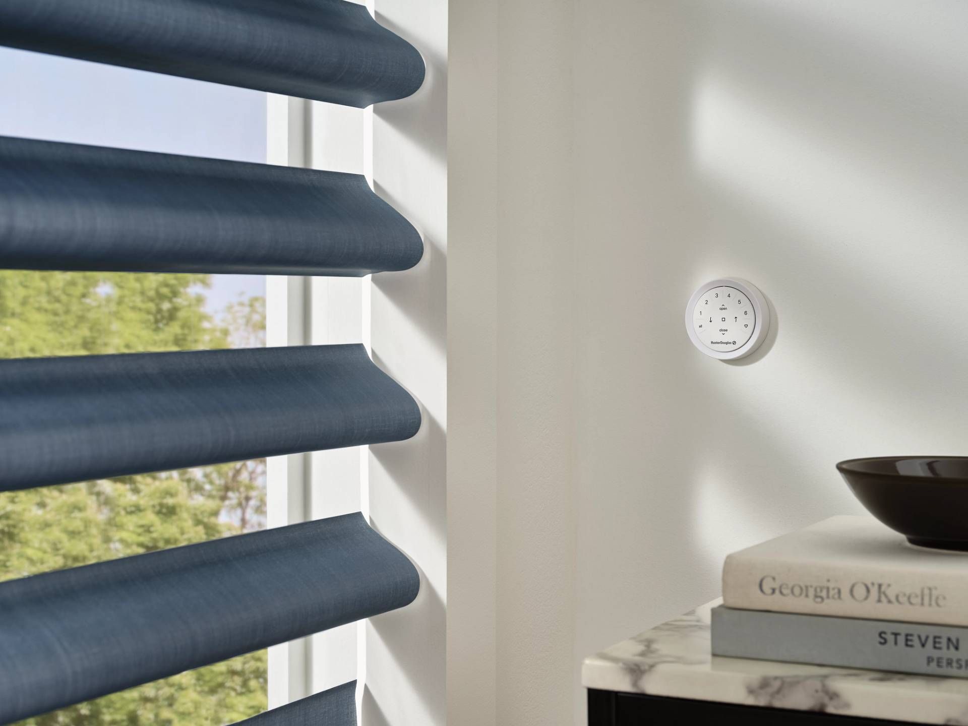 Innovative Hunter Douglas PowerView® Automation on the wall beside the open motorized window shades