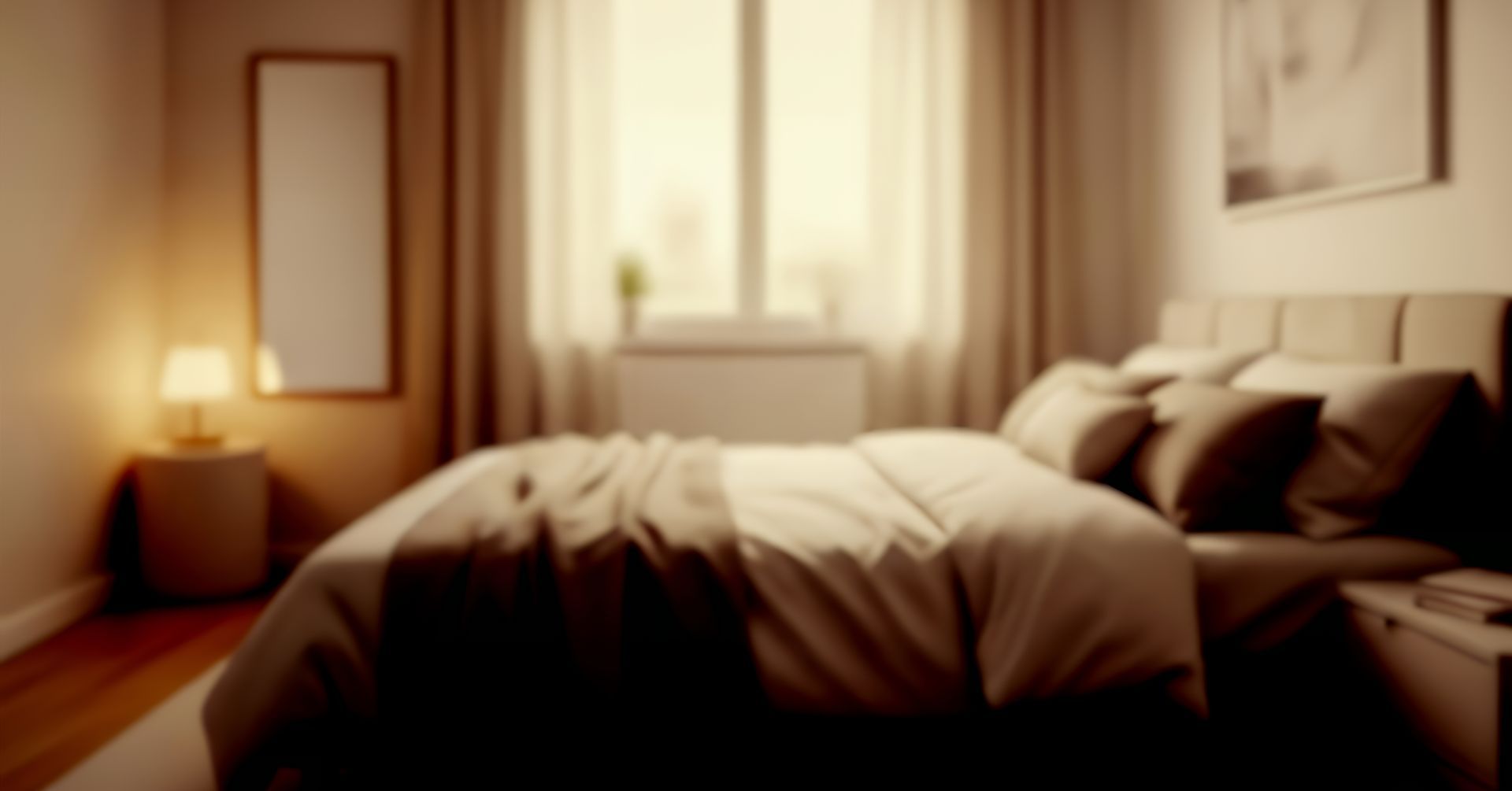 An out-of-focus shot of a bedroom, featuring calm, warm lighting, layered window treatments, and cos