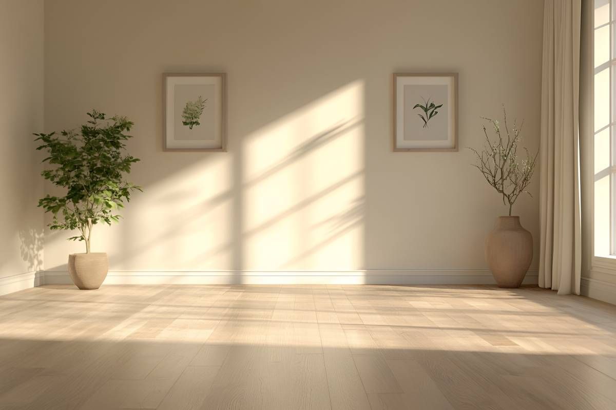 Bedroom with cream-colored walls and light wood-grain vinyl flooring