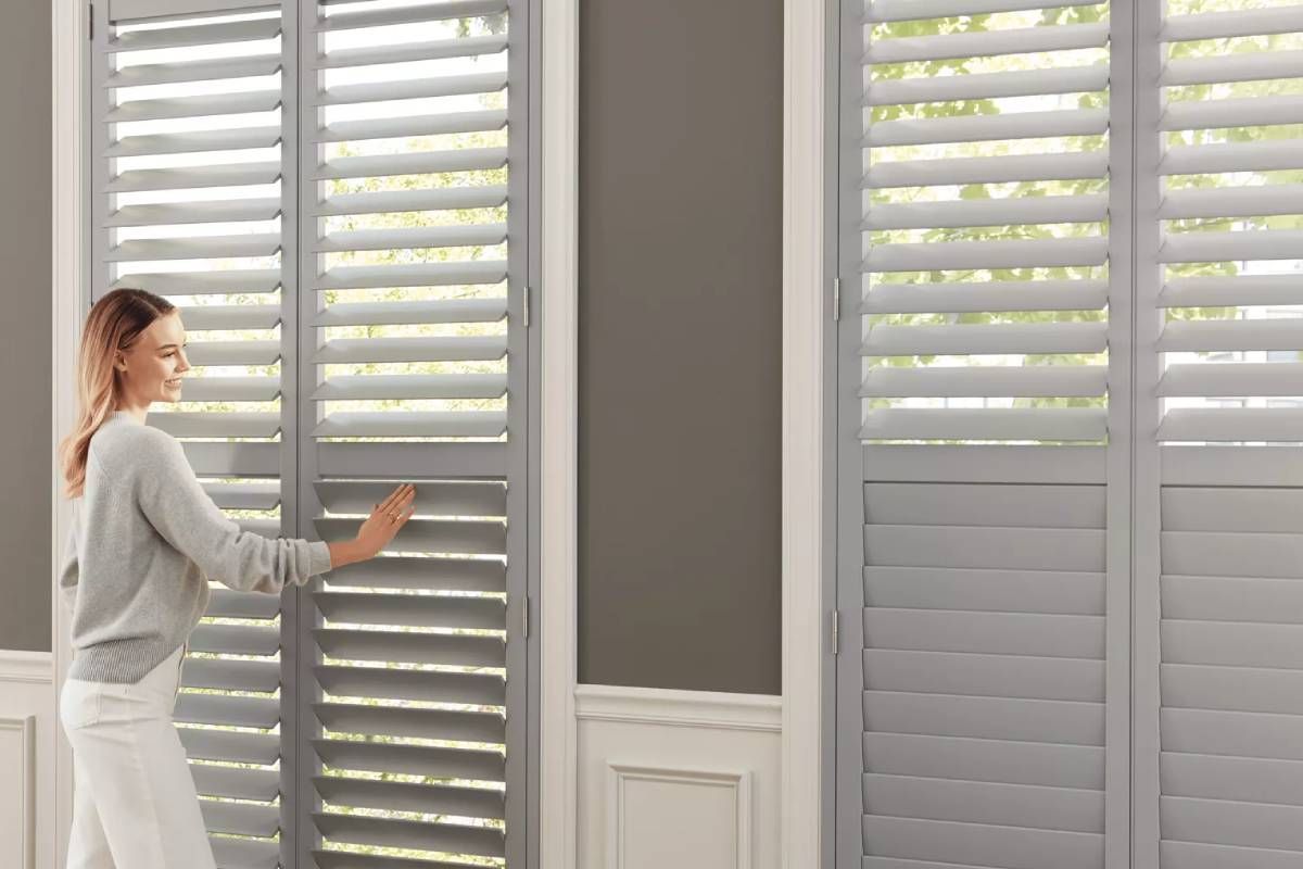 Gray Hunter Douglas Heritance® Wood Shutters with Softclose Louvers