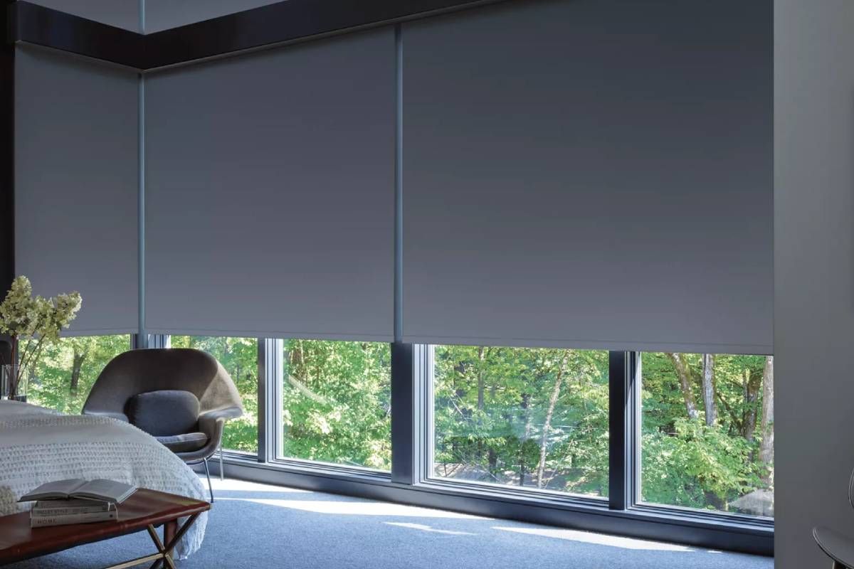 Hunter Douglas Designer Screen Shades with Abyss Solid Opaque Fabric on Bedroom Windows