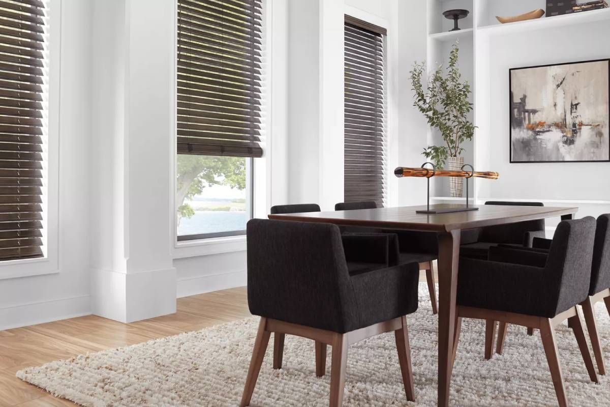 Hunter Douglas EverWood® Faux Wood Blinds on Dining Room Windows