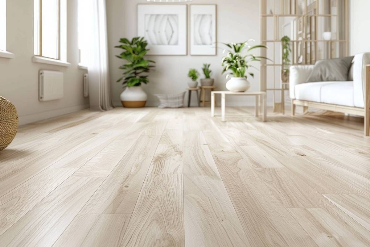 Luxury plank flooring in a light and airy seating area with plants and baskets