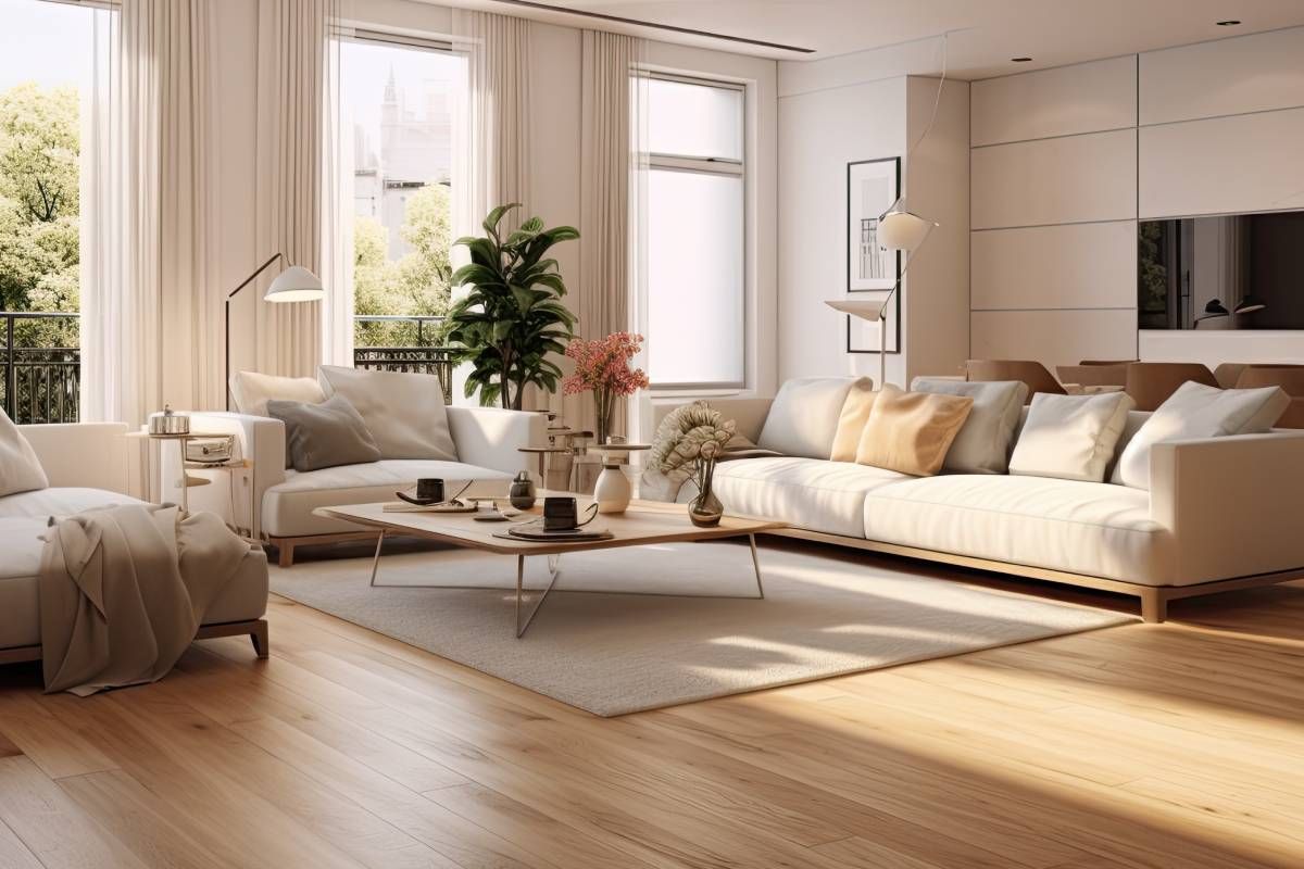 Luxury plank flooring in a large seating area with couches and natural light