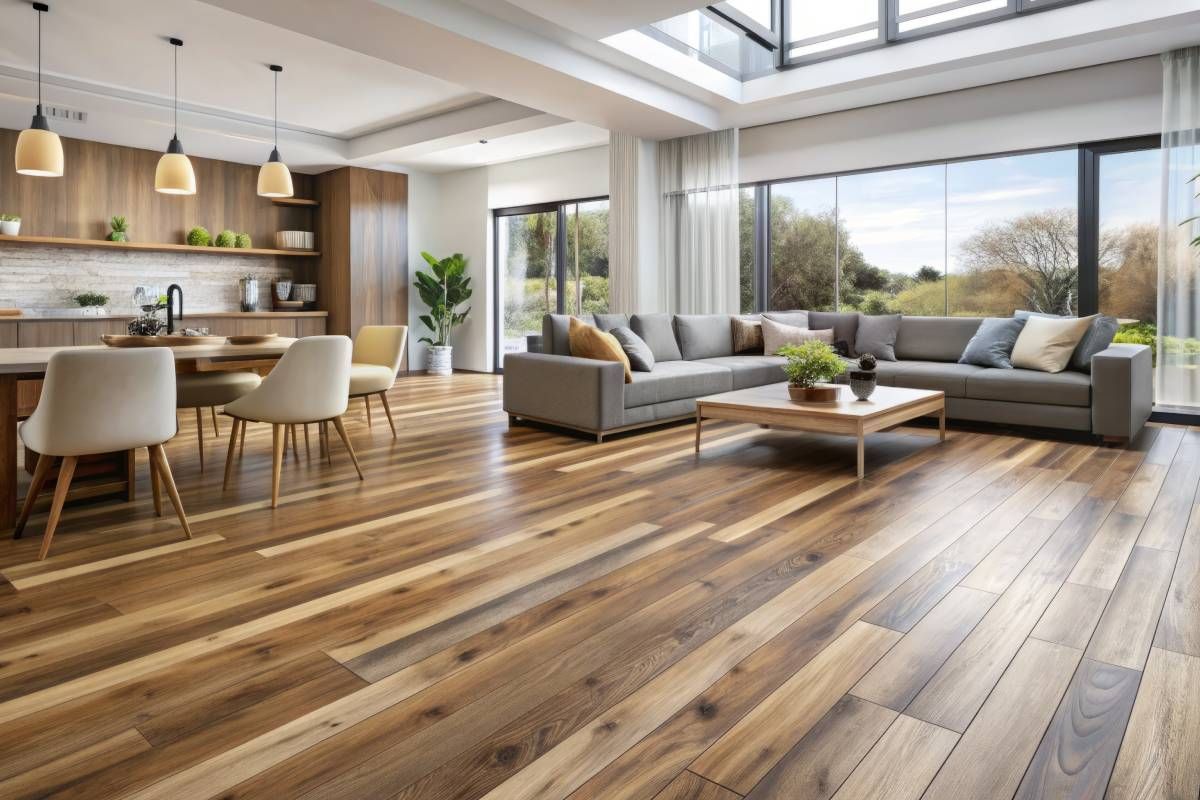 Luxury vinyl plank flooring in an open-concept kitchen, dining, and living room