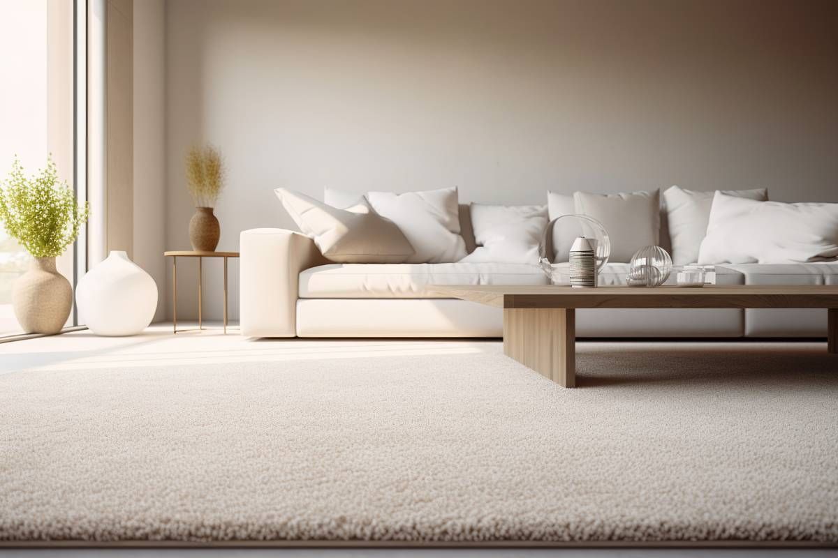 Modern living room in various shades of white and beige with a couch and table