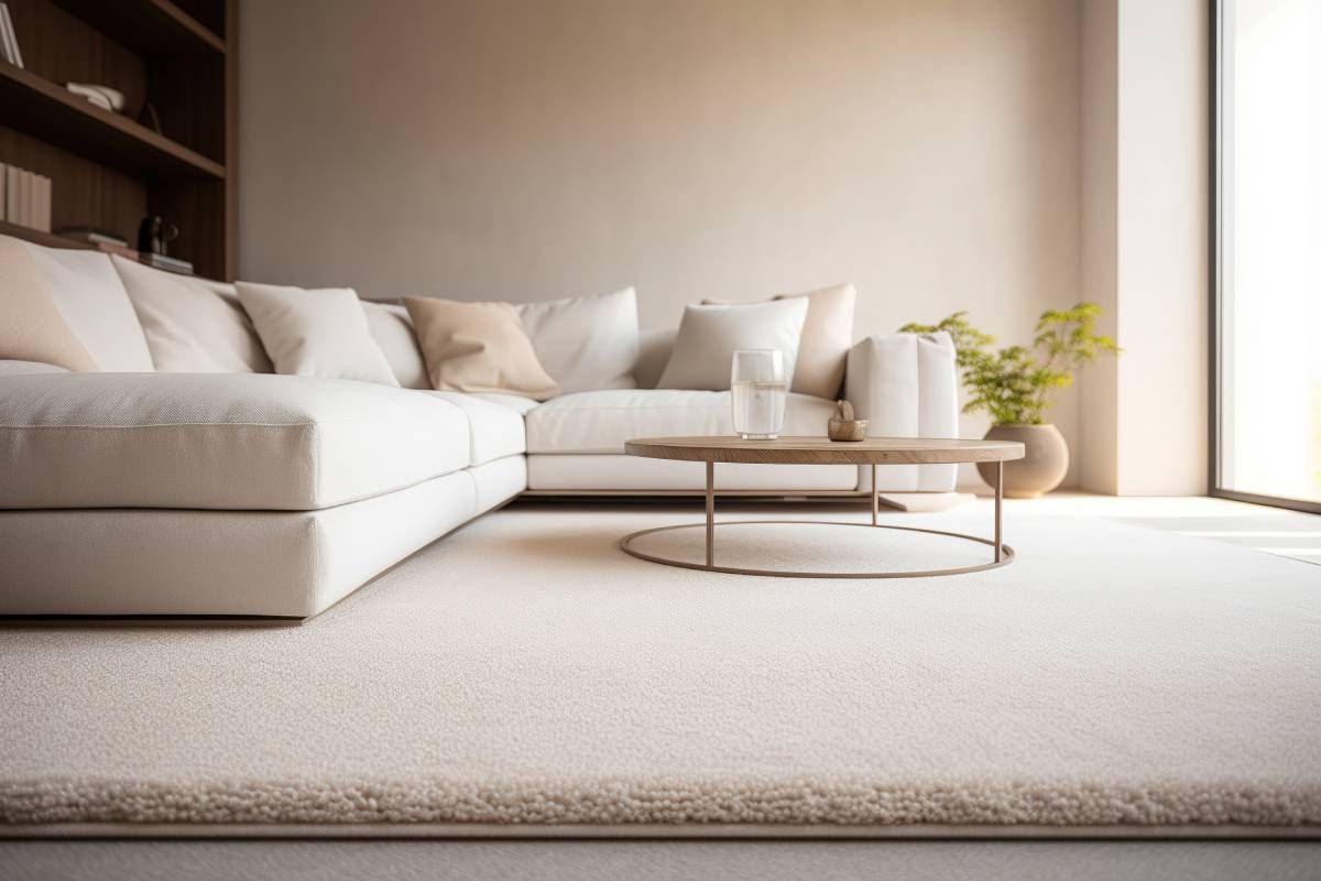 Modern living room with beige sofa, gold table, and carpet