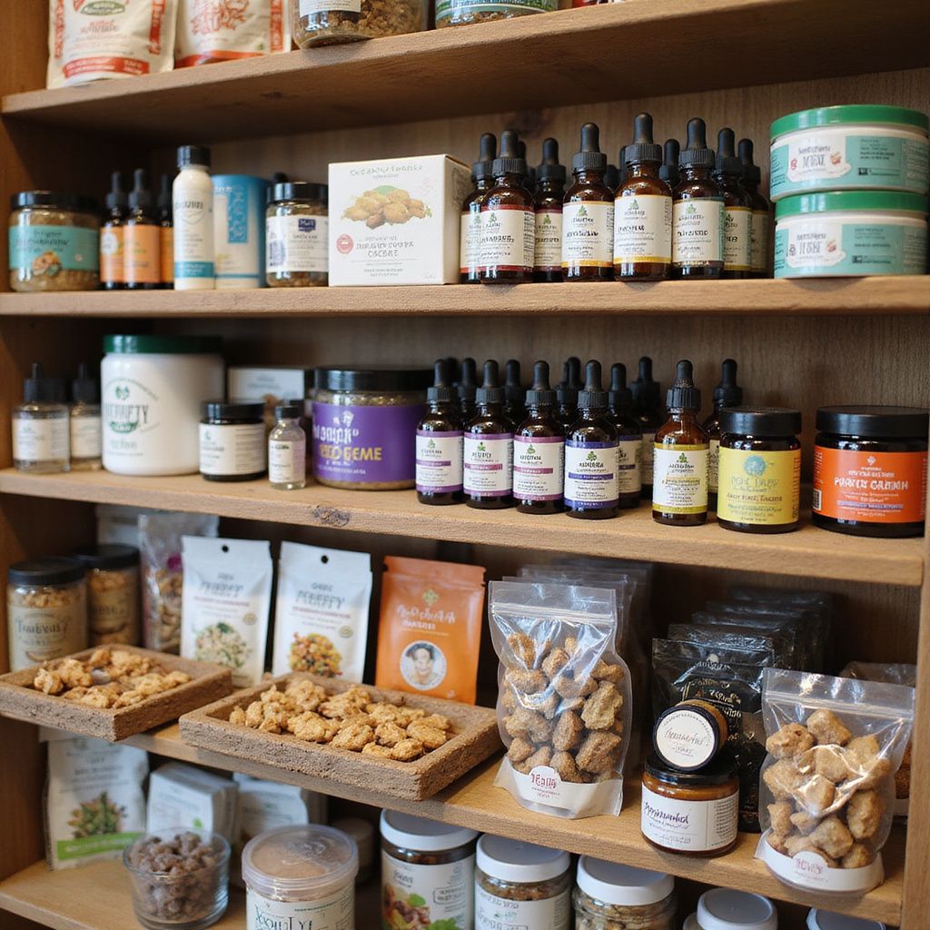 Wooden shelves stocked with health and wellness products, including jars, bottles, and packaged goods.
