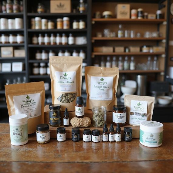 Display of various cannabis products on a wooden table in front of shelves of more products.