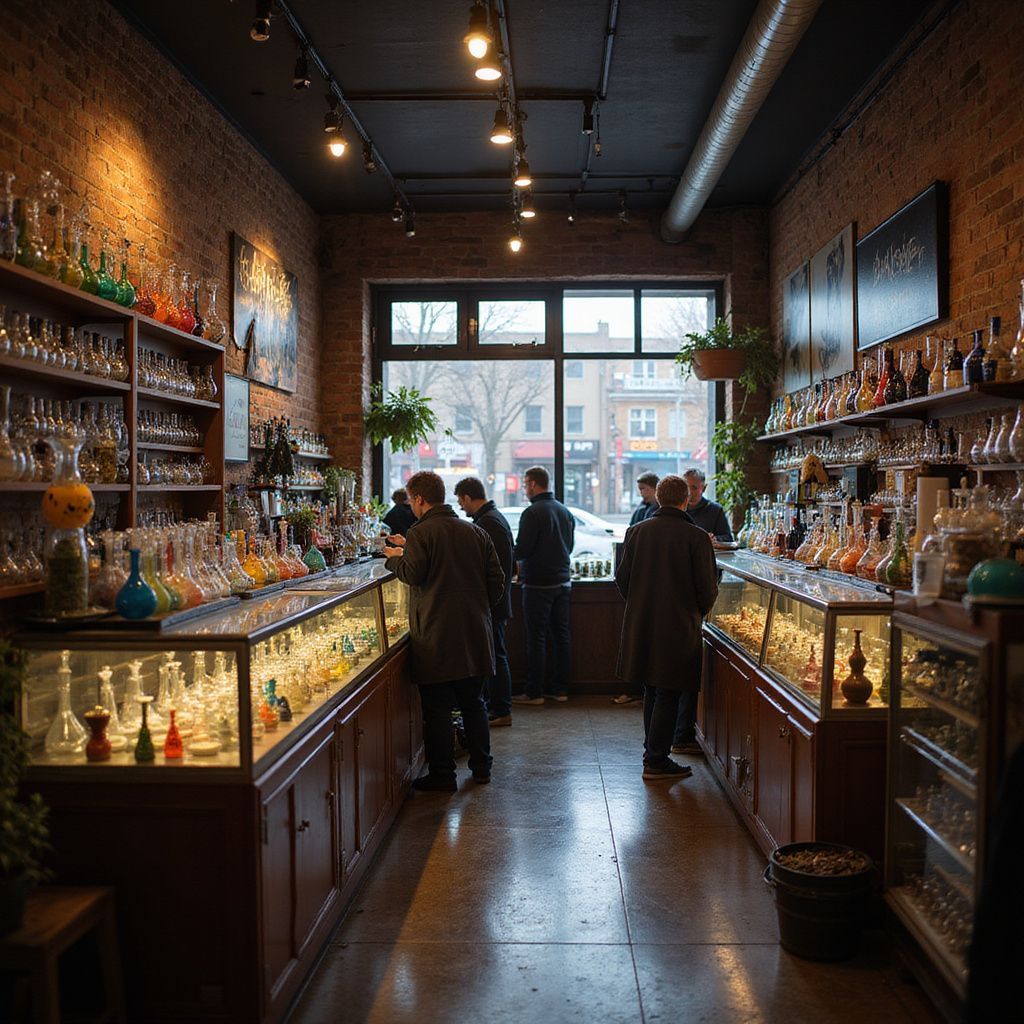 Inside a glass shop, people browse colorful bongs displayed in glass cases and shelves.
