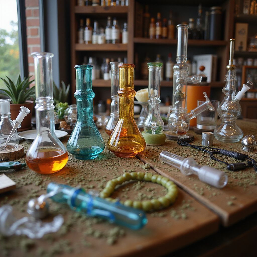 Various colorful glass bongs and accessories displayed on a wooden table with marijuana buds scattered around.