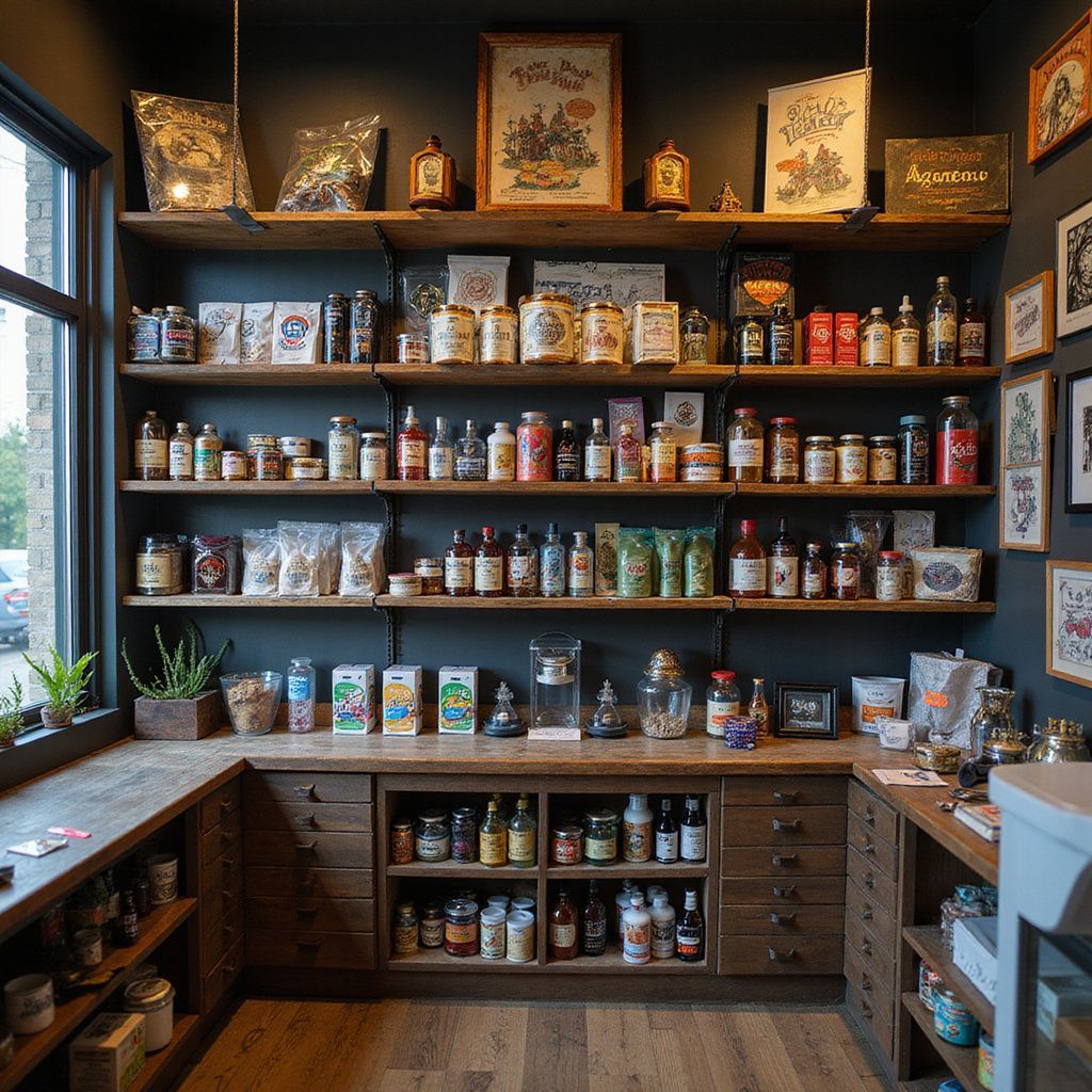 Wooden shelves filled with jars, bottles, and packaged goods in a shop, with framed art above.