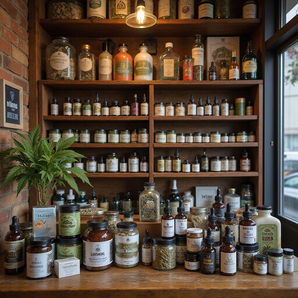Shelves of apothecary jars and bottles, with a counter display. Sunlight from a window.