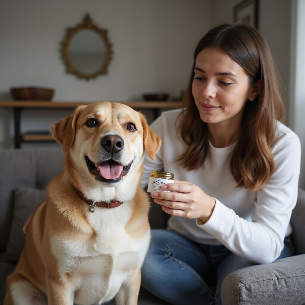 Woman with dog in living room; woman holds a jar near the dog, both smiling.