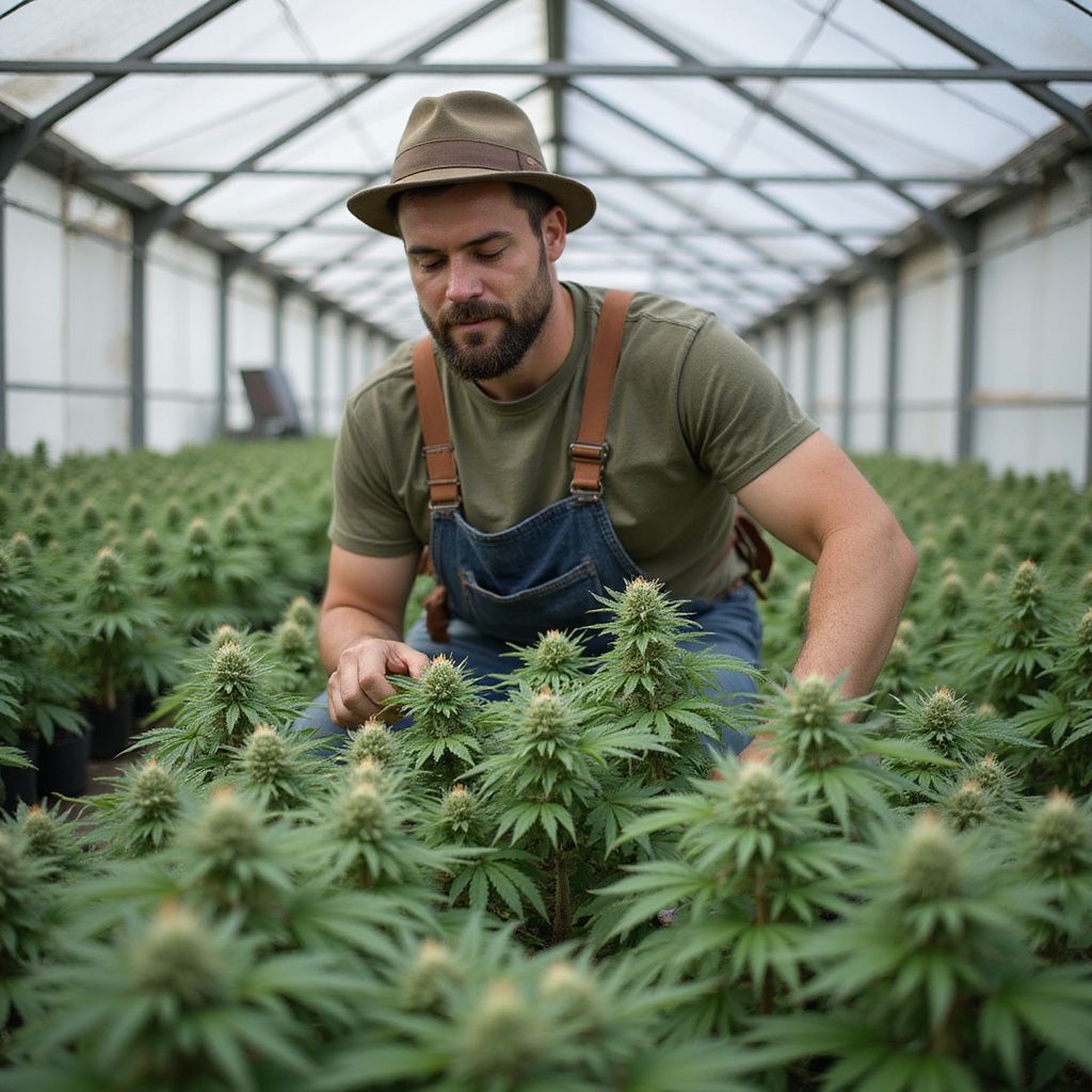 Man tending cannabis plants in a greenhouse, wearing a hat, overalls, and green shirt.
