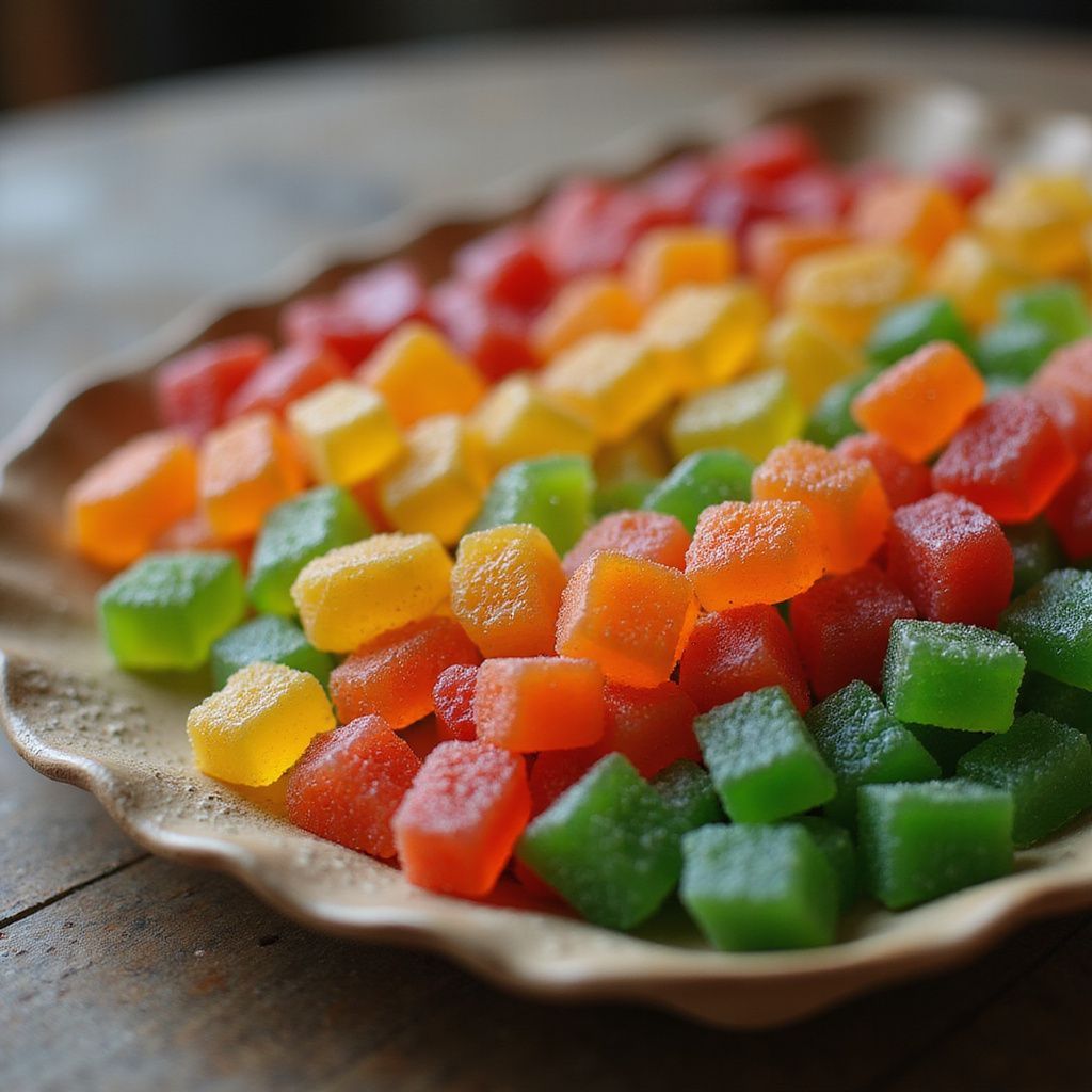 Colorful, rainbow-arranged gummy candies in a decorative dish, on a wooden surface.