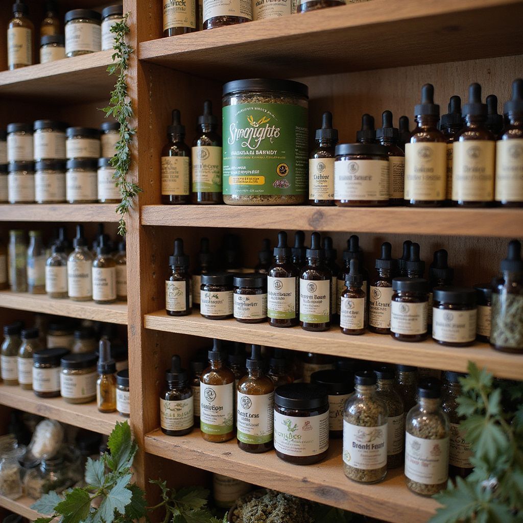 Shelves of various herbal remedies and supplements in a store.
