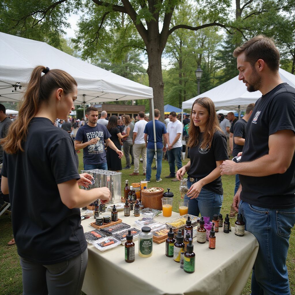 People at a vendor booth selling products at an outdoor event. Several tents in background; sunny day.