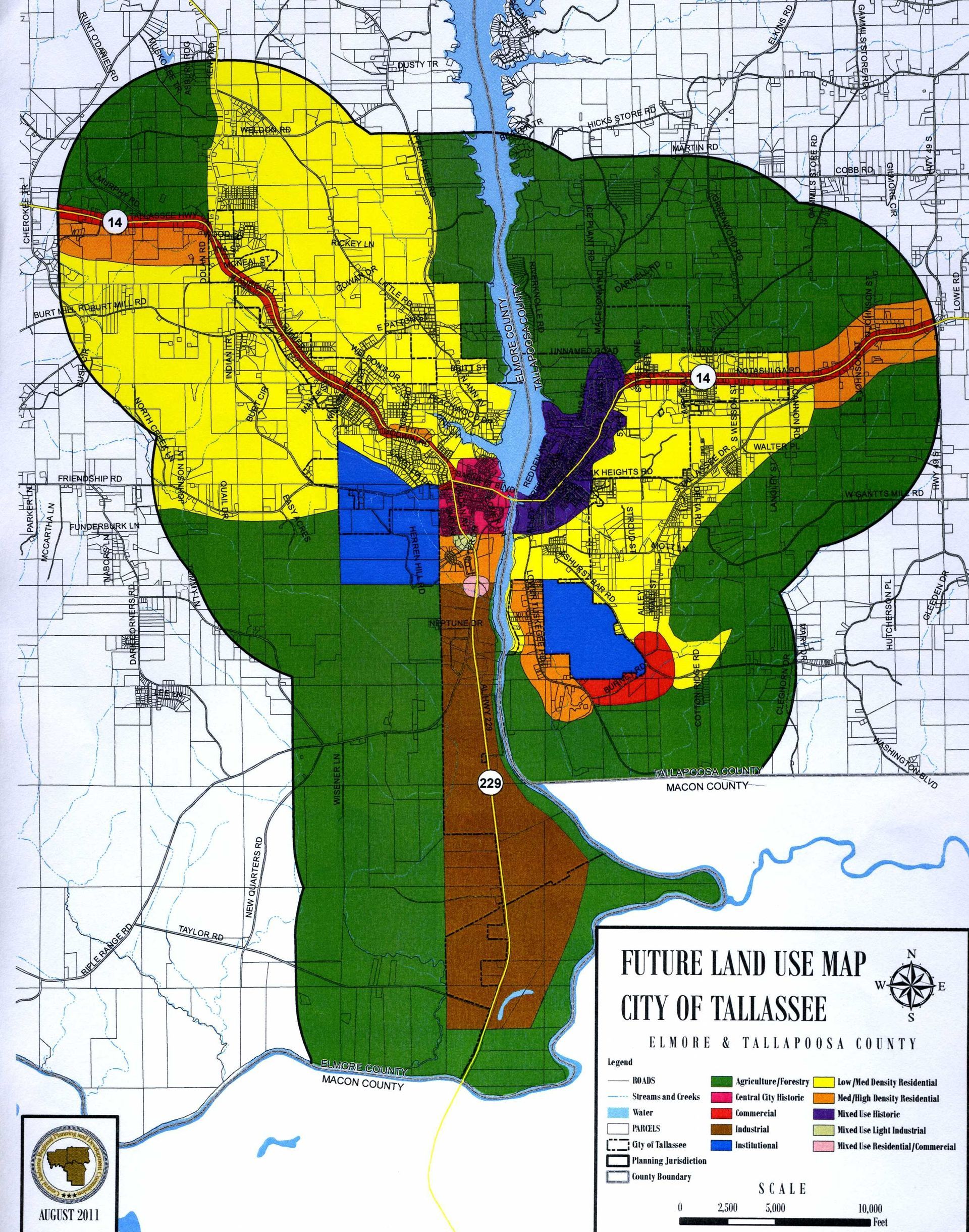 Land use map of Tallassee, Alabama. Colored areas represent zones; green, yellow, and blue are primary colors.