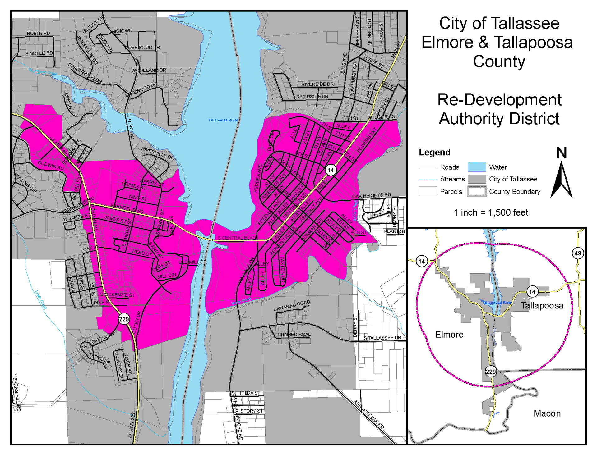 Map of Tallassee, AL redevelopment district in pink. Shows roads, water, and city limits.