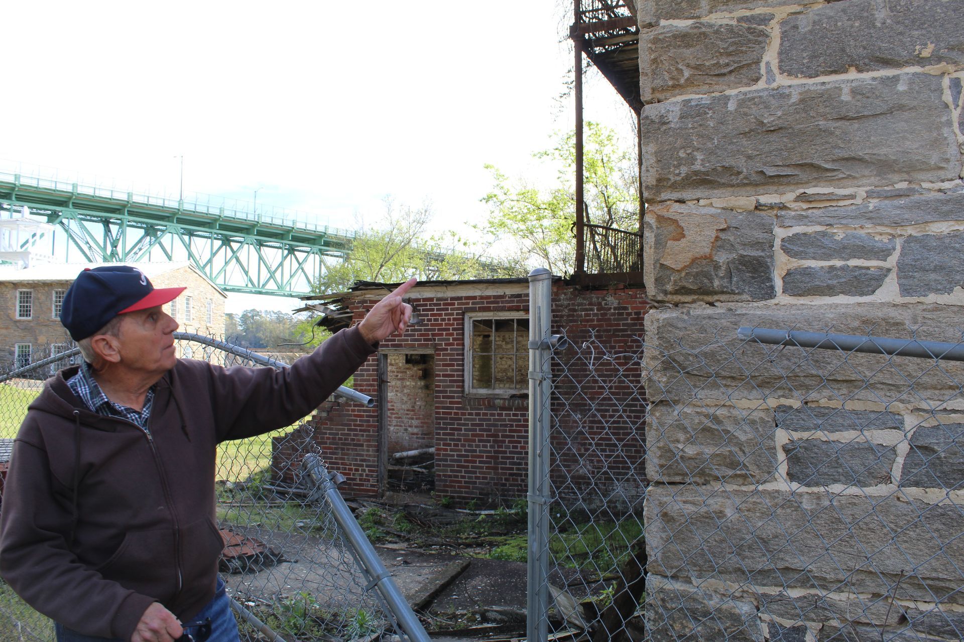 Sam Benson points out the Tallassee Mill's incredible stonework.