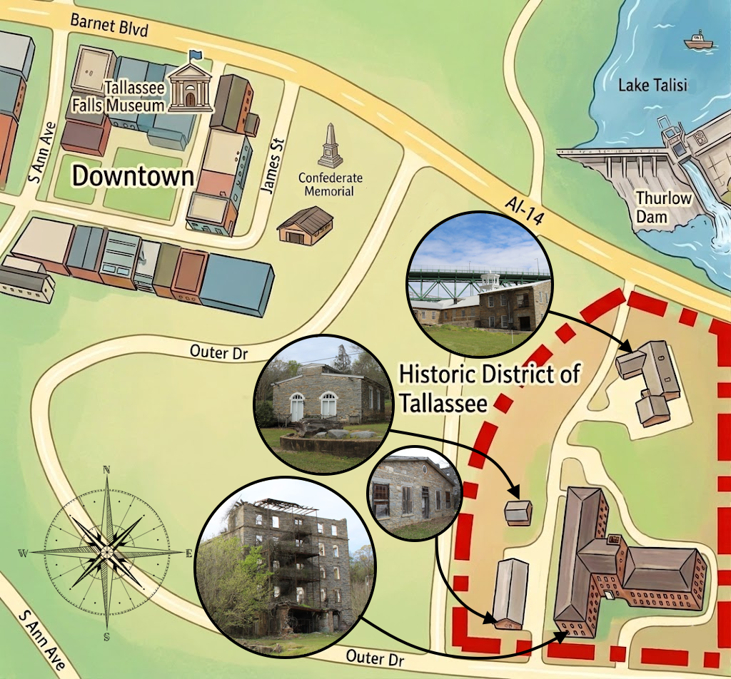 Map showing the layout of the Historic District of Tallassee in relation to Downtown