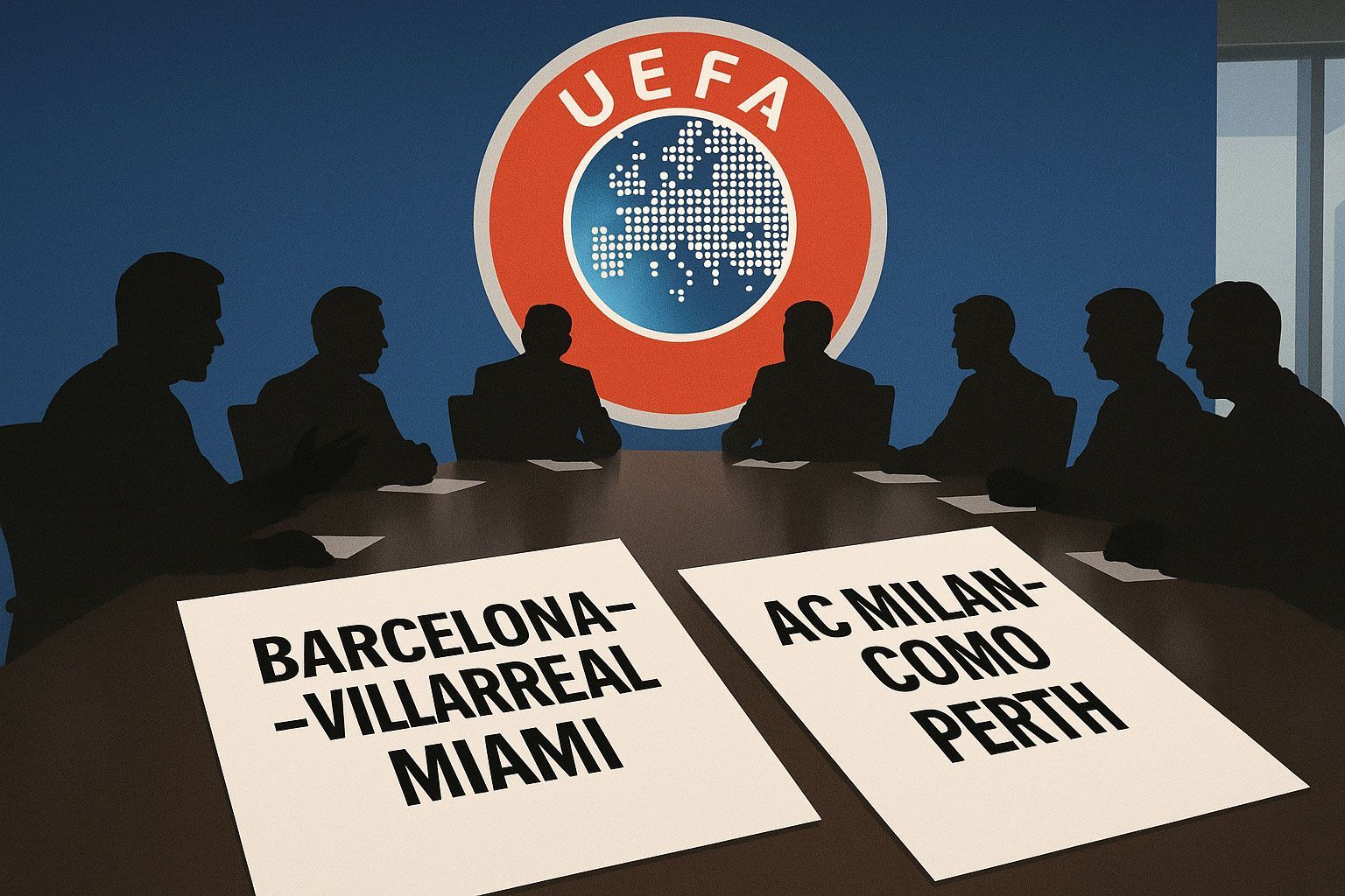 Siluetas de figuras en una mesa con el logo de la UEFA. En los papeles se leía: «Barcelona-Villarreal-Miami» y «AC Milán-Como-Perth».