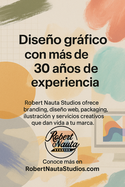 Anuncio de diseño gráfico, fondo claro, texto en español, logotipo y sitio web de Robert Nauta Studios.