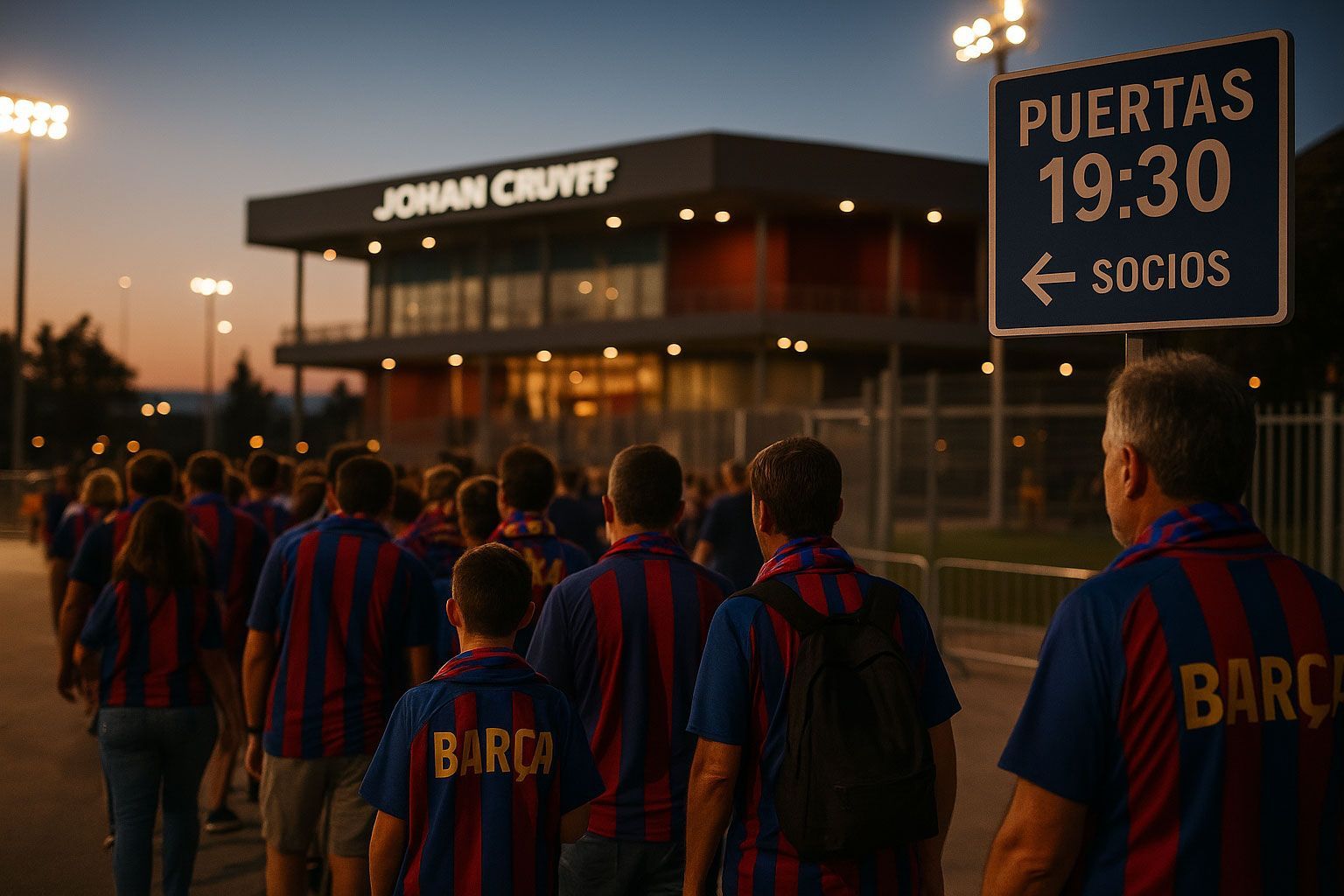Los aficionados con camisetas azules y rojas del Barcelona caminan hacia la entrada del Estadio Johan Cruyff al anochecer.