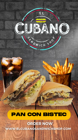 Anuncio de Sandwichería El Cubano: Sándwich cubano, papas fritas, refresco sobre una mesa de madera con fondo de ladrillo.
