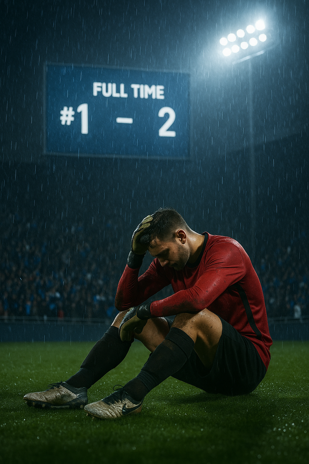 Jugador de fútbol con camiseta roja, abatido en el campo después de una derrota por 1-2, con el marcador visible.