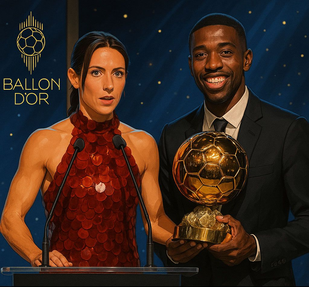 Mujer y hombre en la ceremonia del Balón de Oro. El hombre sostiene el trofeo. Están en el podio, sobre un fondo azul.