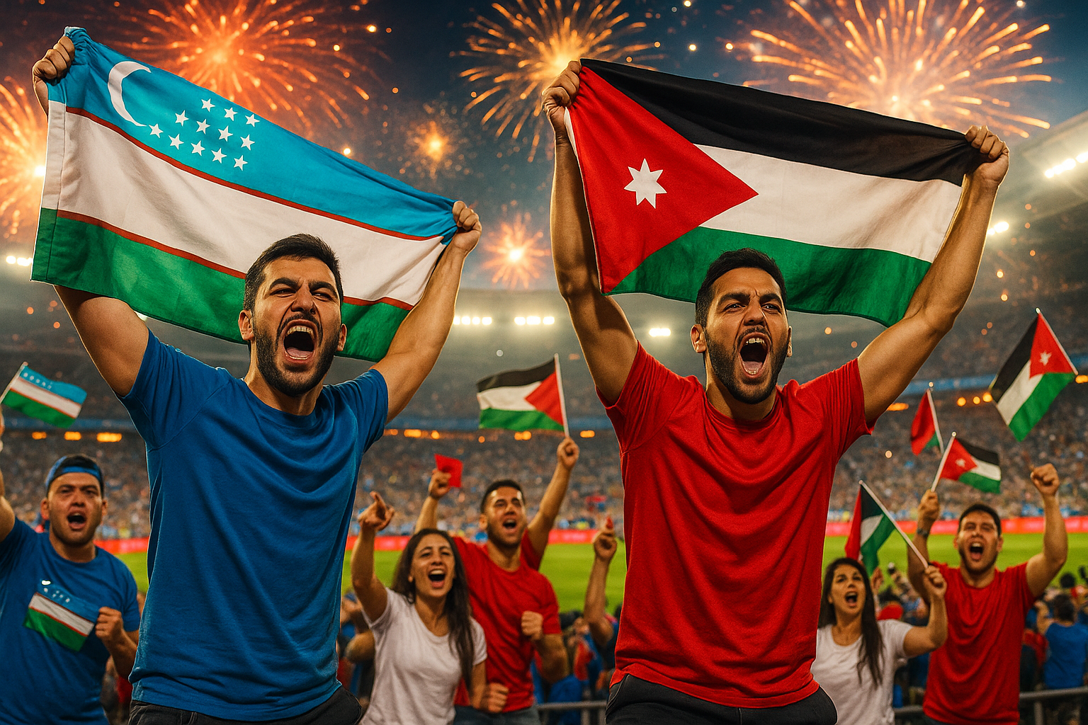Aficionados en un estadio animando, ondeando banderas uzbekas y jordanas, fuegos artificiales en el cielo.