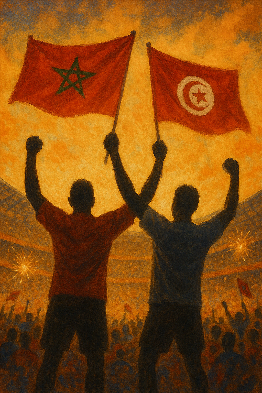 Dos aficionados izando banderas de Marruecos y Túnez en un estadio, celebrando.