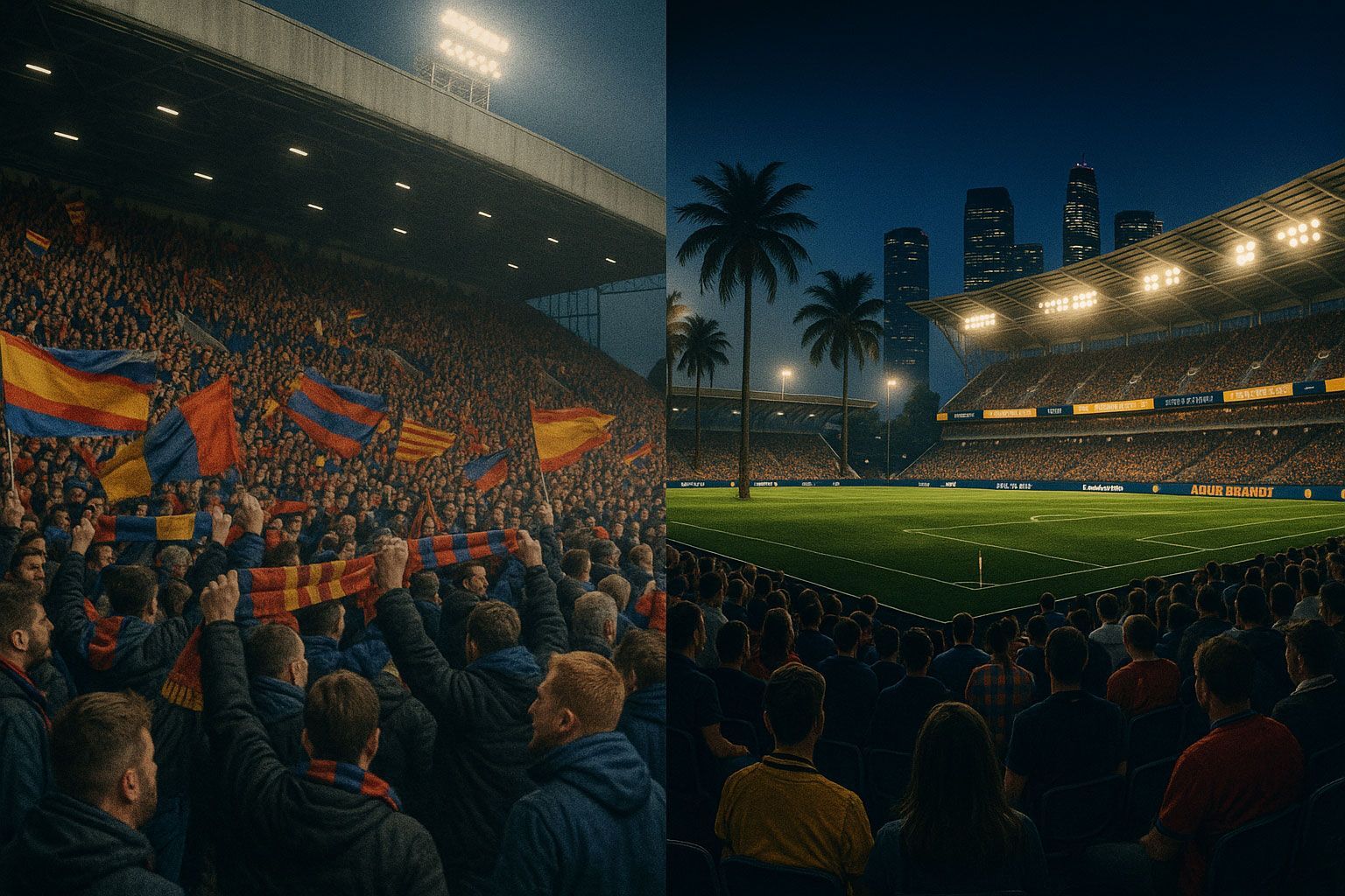 Tres futbolistas festejando una victoria: un argentino, un brasileño y un uruguayo, todos gritando y emocionados en una cancha con fuegos artificiales.
