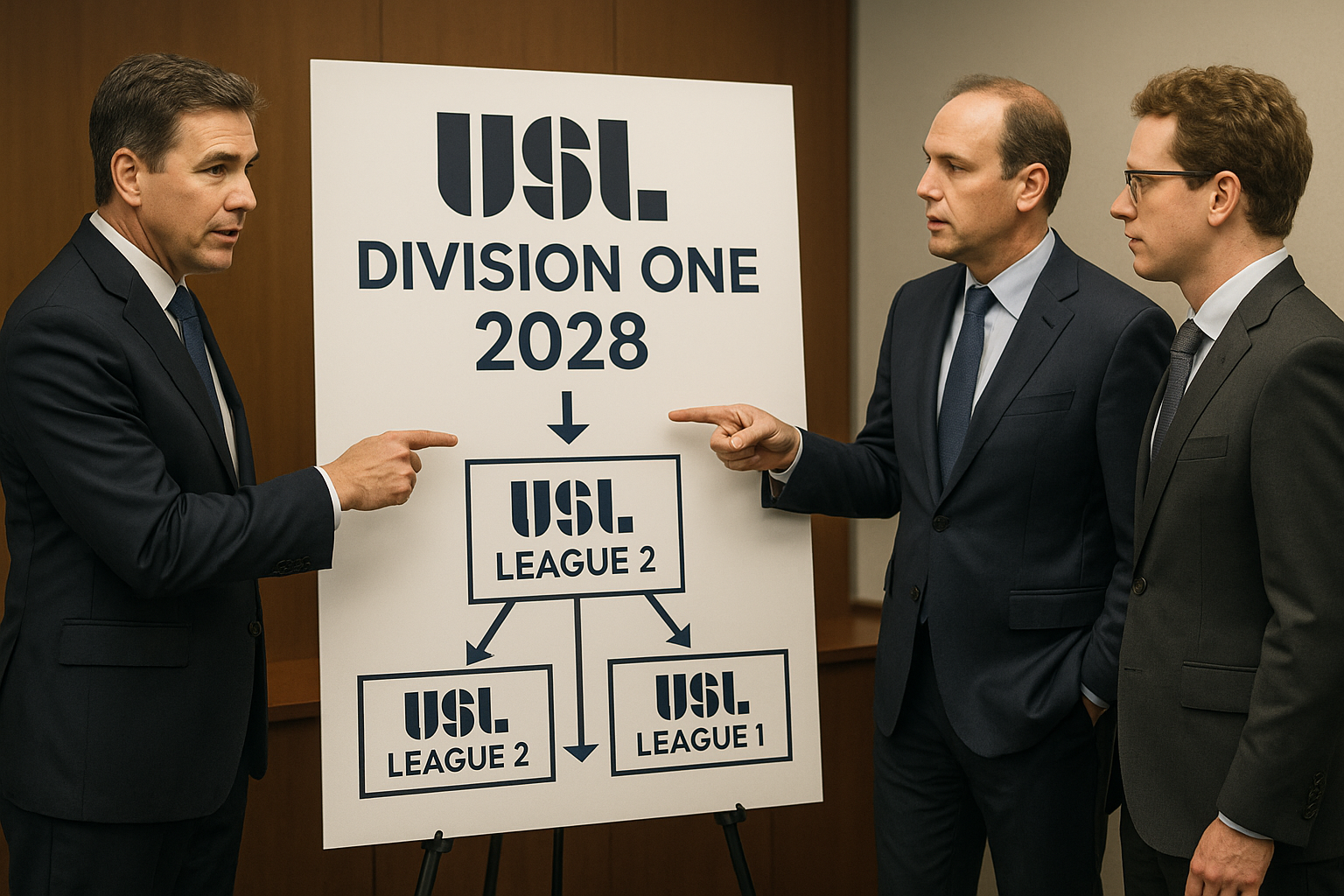 Tres hombres de traje señalan un diagrama de flujo de las divisiones de fútbol de la USL en 2028.