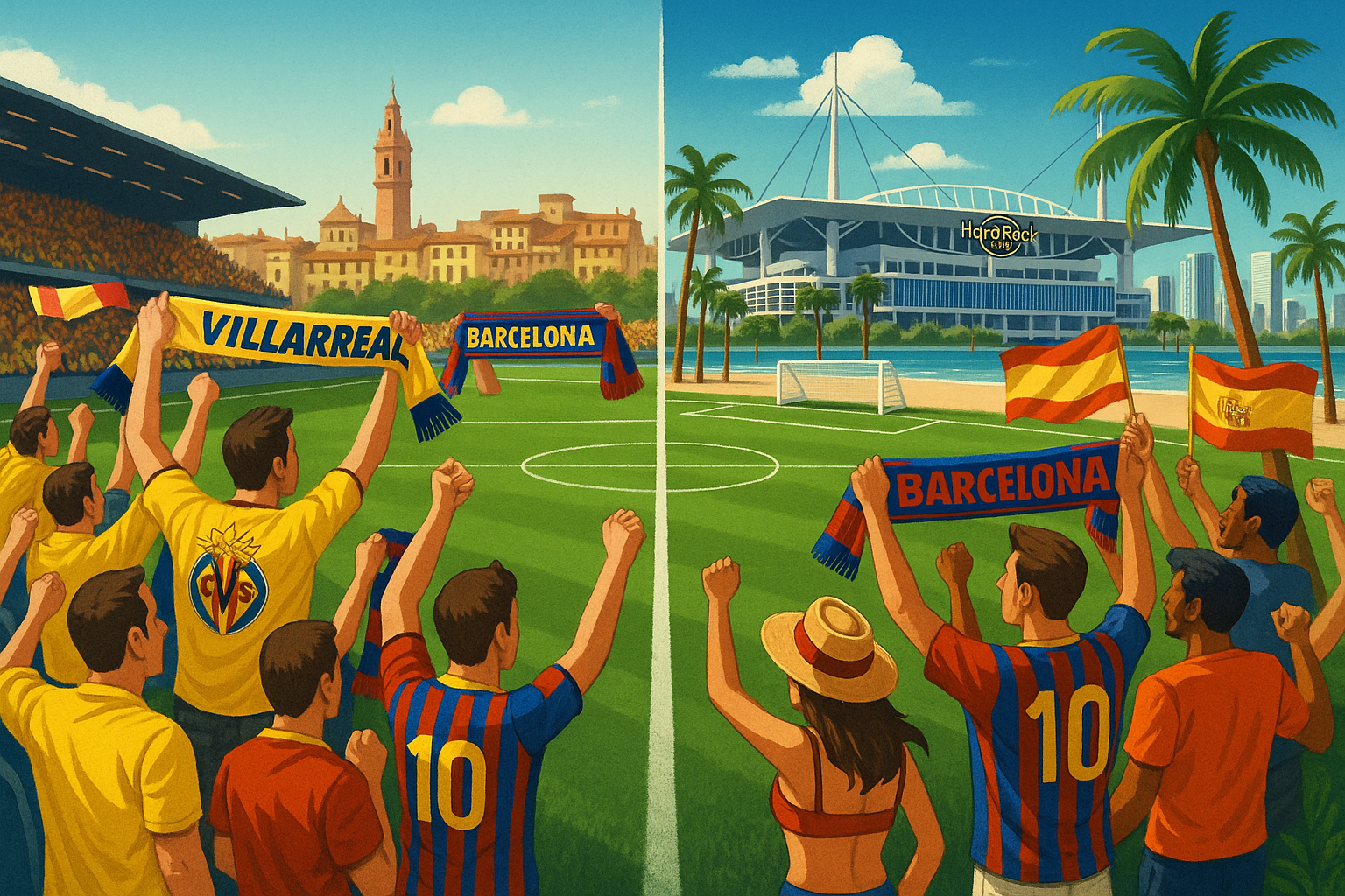 Aficionados al fútbol de equipos opuestos, Villarreal y Barcelona, ​​en un estadio, cada equipo sosteniendo banderas y animando.