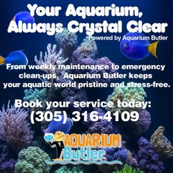Anuncio de Aquarium Butler, un servicio de limpieza y mantenimiento de acuarios. Presenta peces y corales con información de contacto.