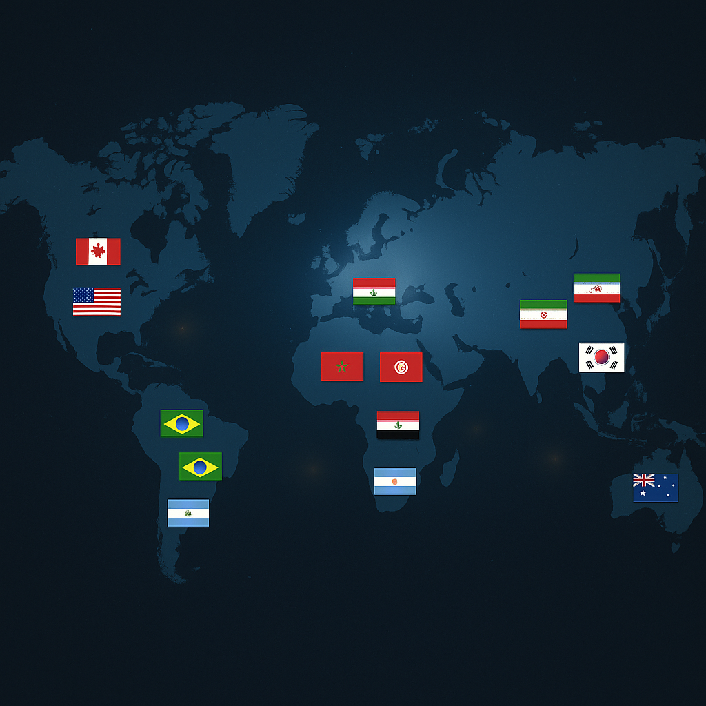 Mapa mundial con banderas que marcan varios países.