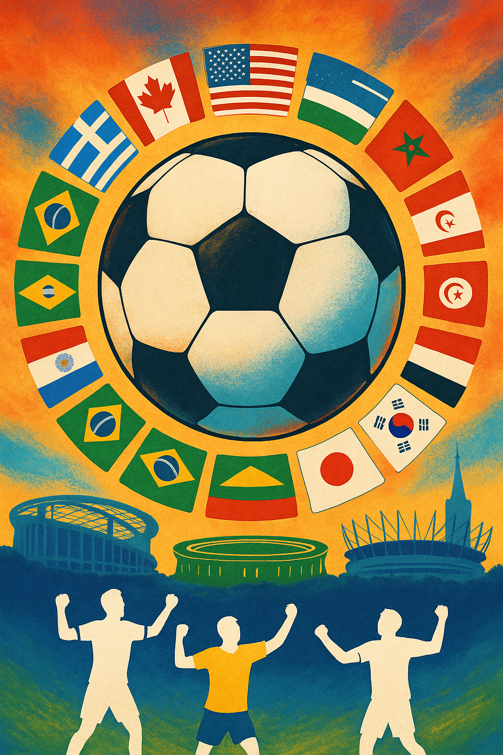 Balón de fútbol con banderas de varios países, multitud animando frente a los estadios.