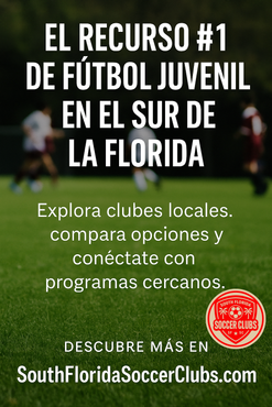 Anuncio de clubes de fútbol juvenil en el sur de Florida. Texto sobre un fondo verde.