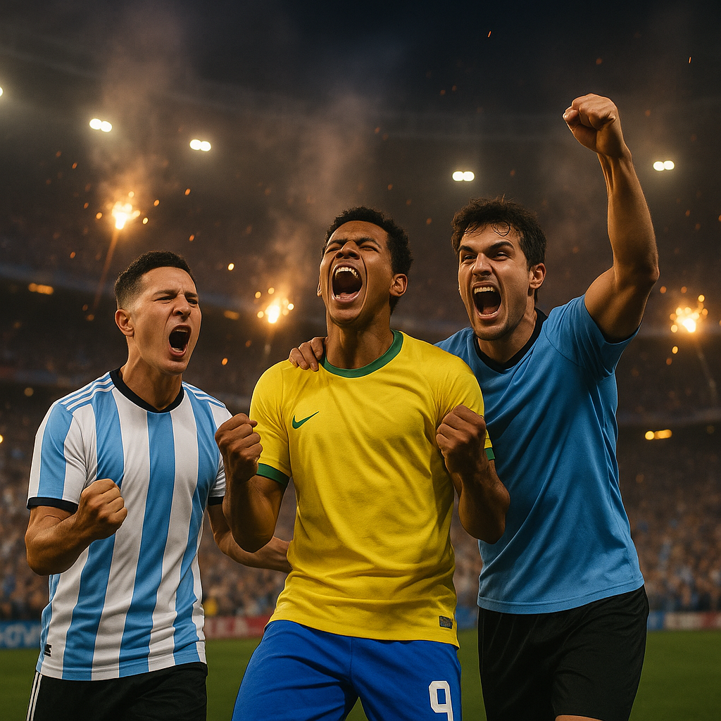 Tres futbolistas festejando una victoria: un argentino, un brasileño y un uruguayo, todos gritando y emocionados en una cancha con fuegos artificiales.