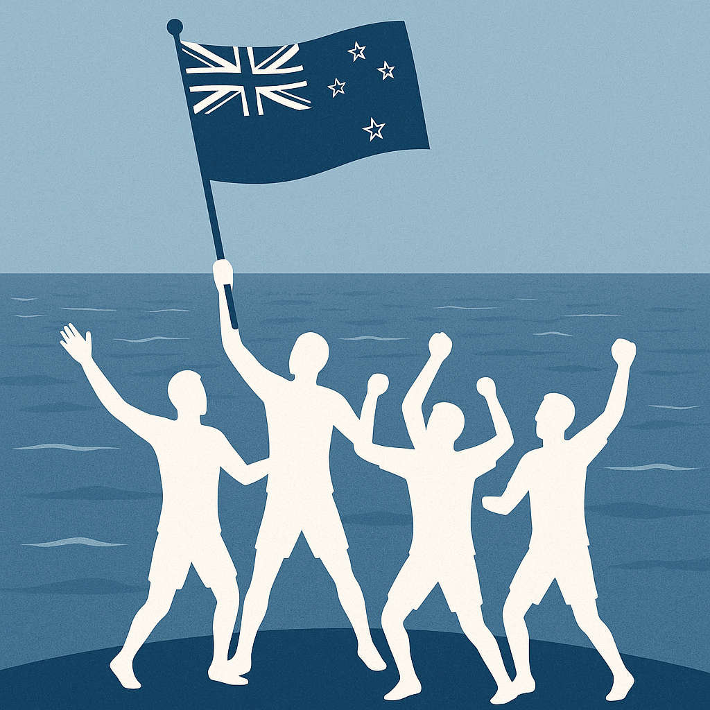 Siluetas de cuatro personas celebrando, sosteniendo la bandera de Nueva Zelanda, con el océano de fondo.