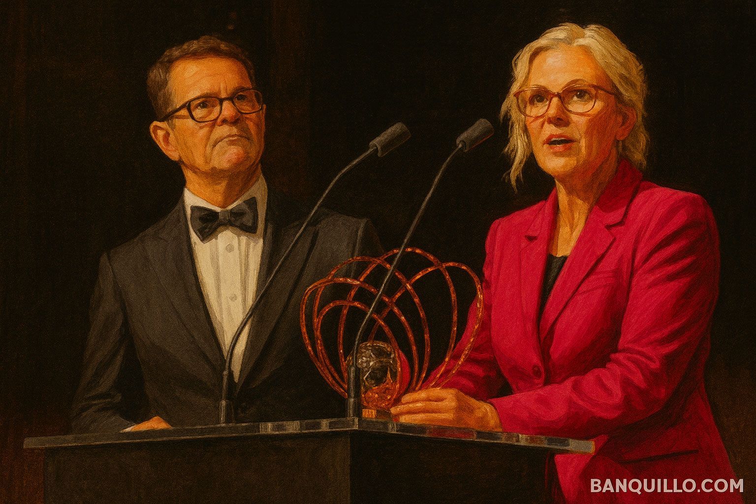 Hombre con esmoquin, mujer con traje rojo en el podio, sosteniendo premio, hablando en el evento.