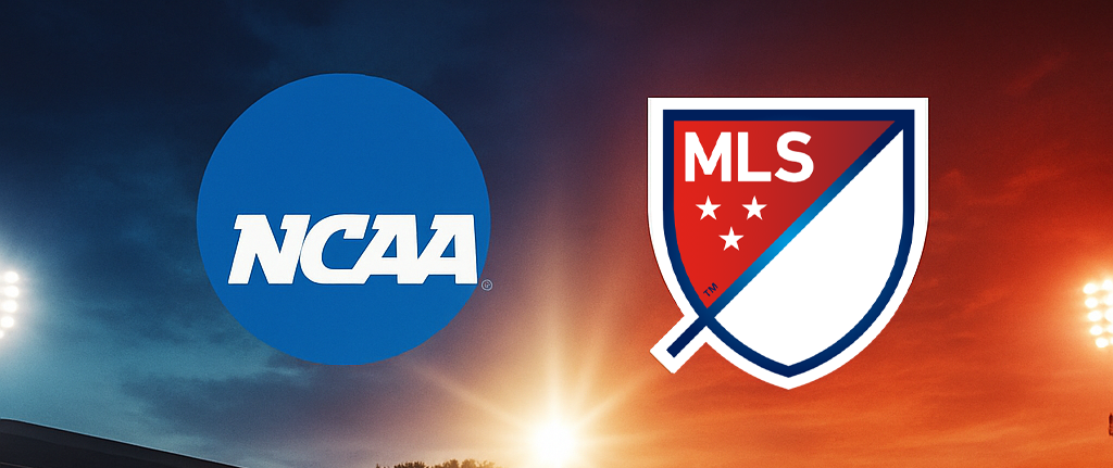 Logotipos de la NCAA y la MLS flanqueando un balón de fútbol, ​​con un efecto brillante.