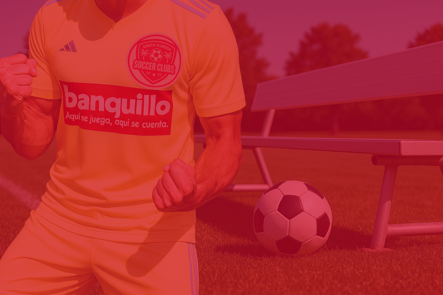 Jugador de fútbol con camiseta amarilla celebrando un gol en un campo, con balón de fútbol y banquillo visibles.
