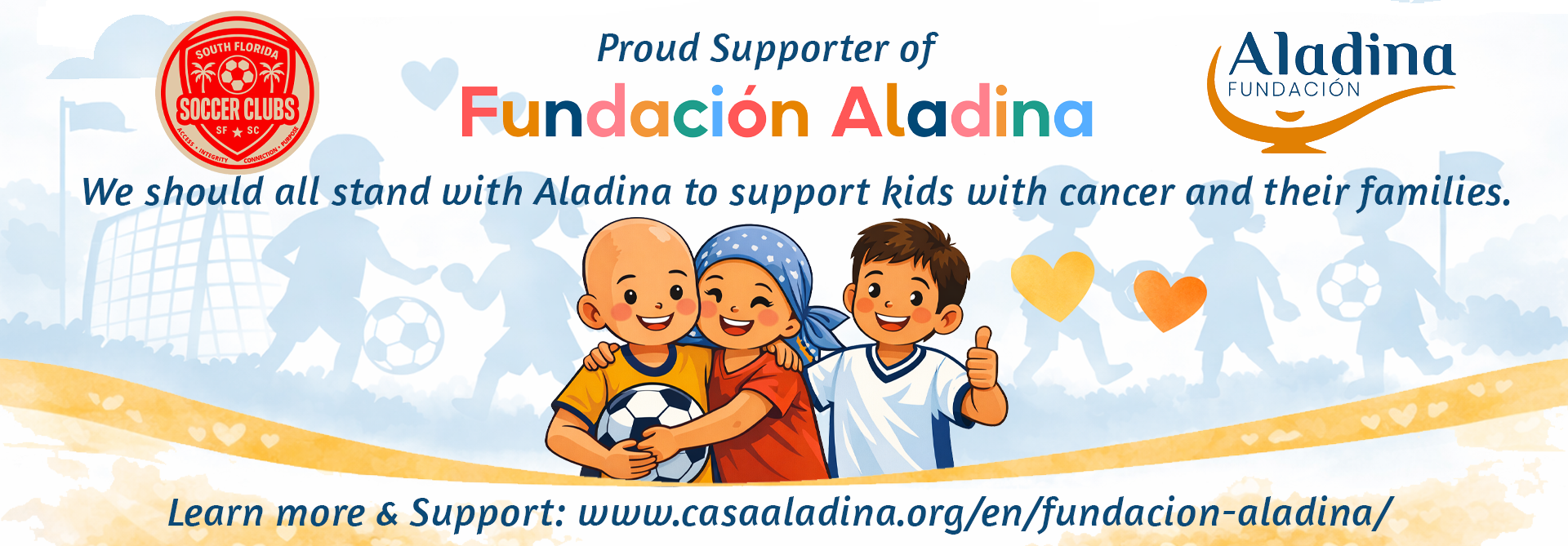 Banner de la Fundación Aladina: dibujos de niños, balón de fútbol, ​​texto y logotipo en apoyo a los niños con cáncer.