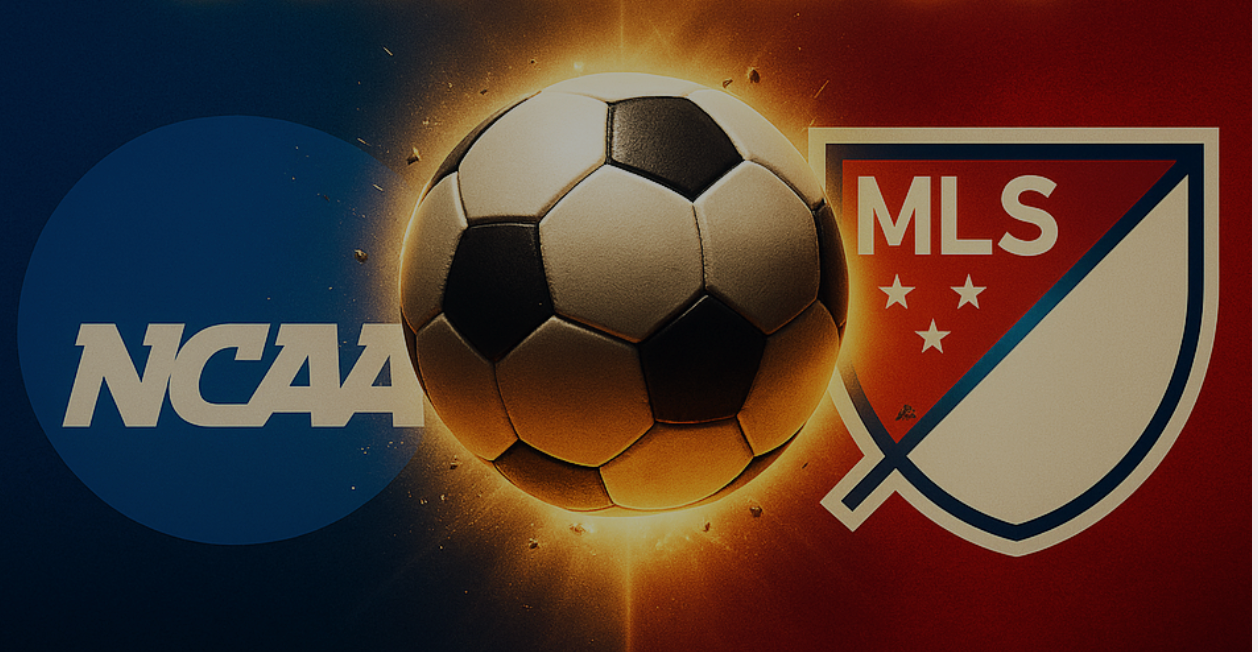 Los logotipos de fútbol de la NCAA y la MLS flanquean un balón de fútbol brillante.