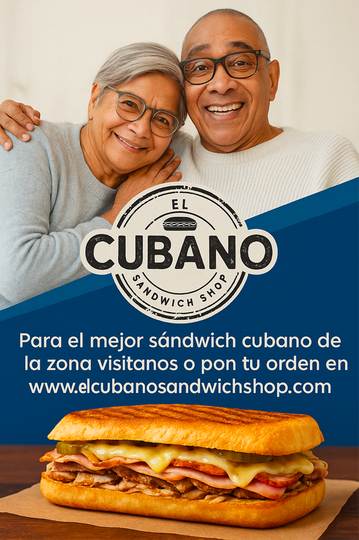 Una pareja de ancianos sonríe junto al logo de una tienda de sándwiches cubanos y un sándwich cubano. Dirección del sitio web proporcionada.