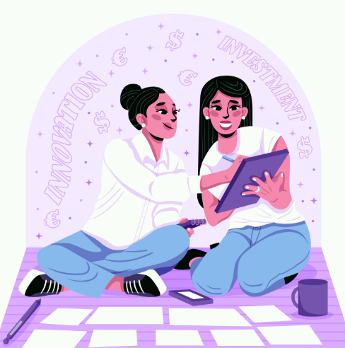 Dos mujeres colaborando en un proyecto, rodeadas de símbolos financieros y las palabras 